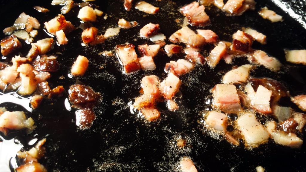 Diced bacon. Bacon fat. Hungry yet