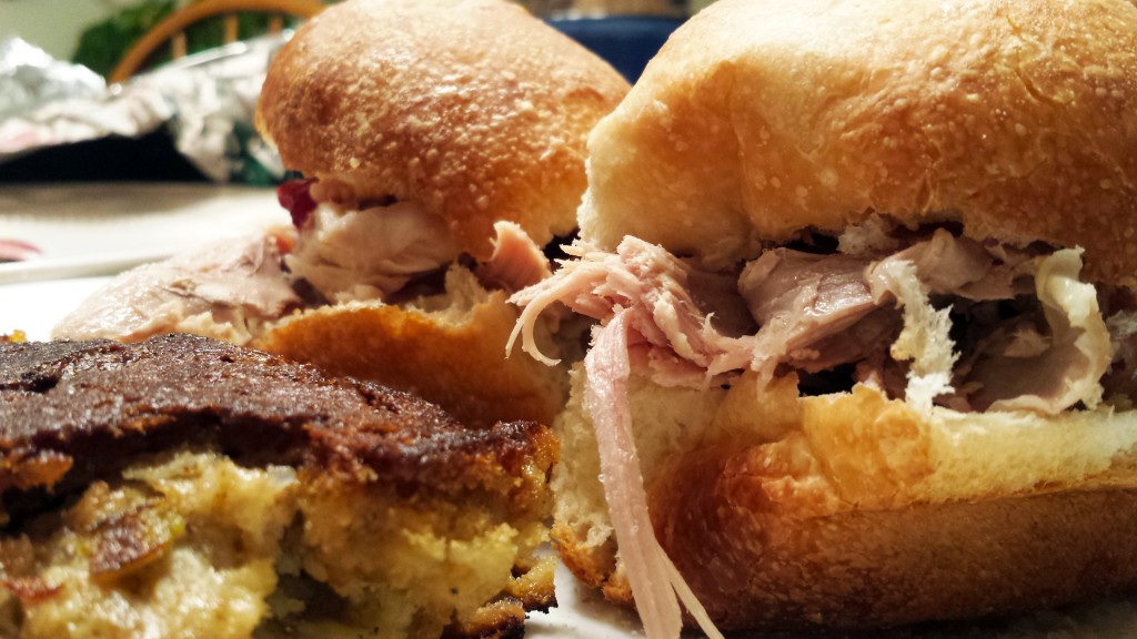 Leftover turkey and cranberry sauce on rolls, with leftover stuffing