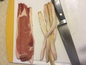 Delicious dry cured and smoked bacon. Rind cut off to cook seperately. 