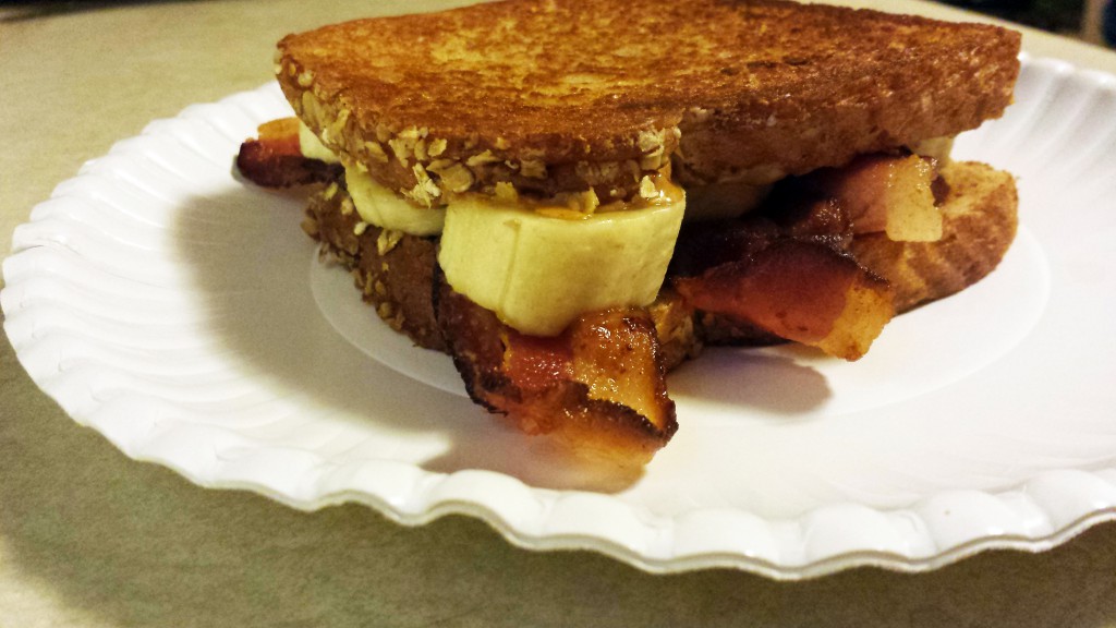 Fried peanut butter and banana with bacon and honey