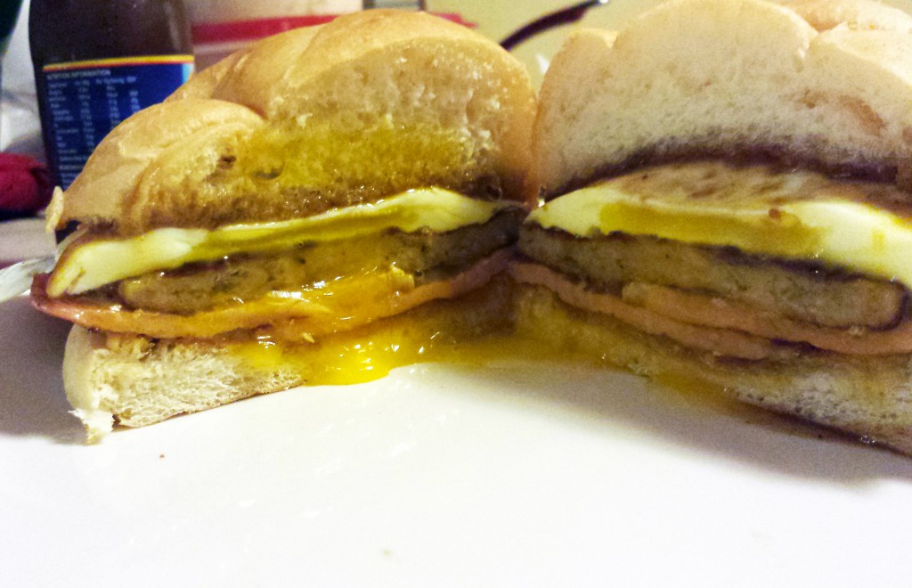 bacon, sausage, and egg with Daddies brown sauce