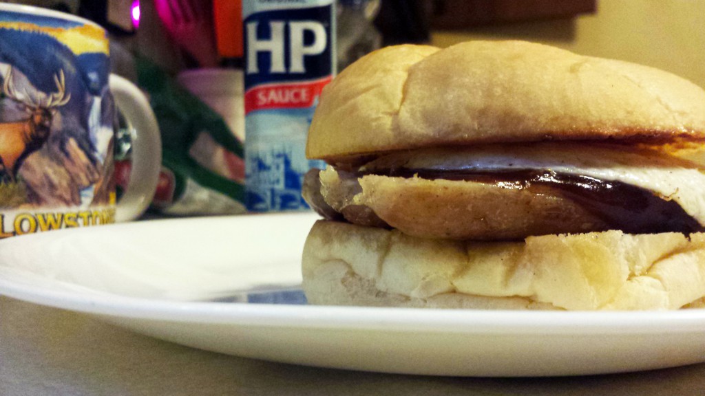 bangers and egg with HP sauce
