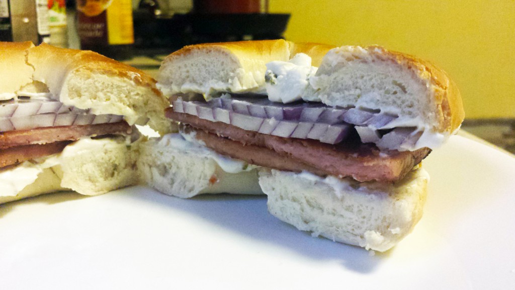 bagel with cream cheese, onion, and spam
