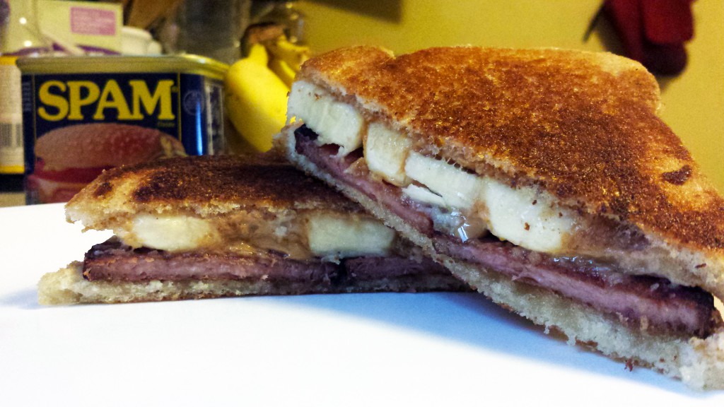 grilled peanut butter and banana sandwich with honey and spam