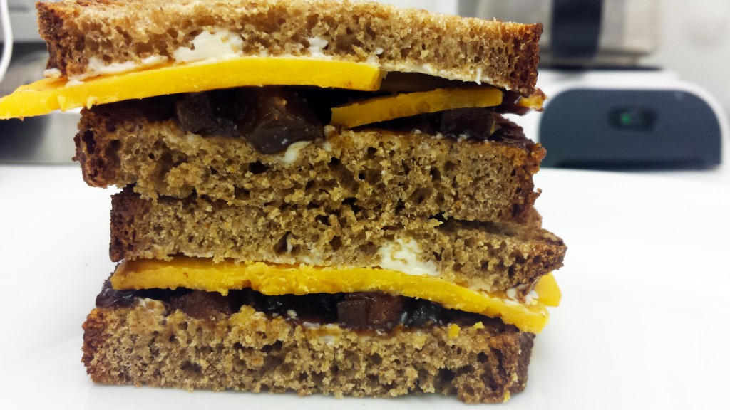 Branston Pickle and sharp Wisconsin cheddar on buttered brown bread