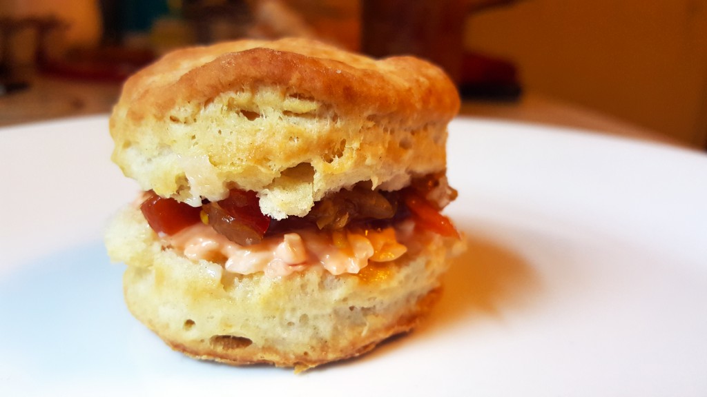 Pimento cheese and chow chow on buttermilk biscuit