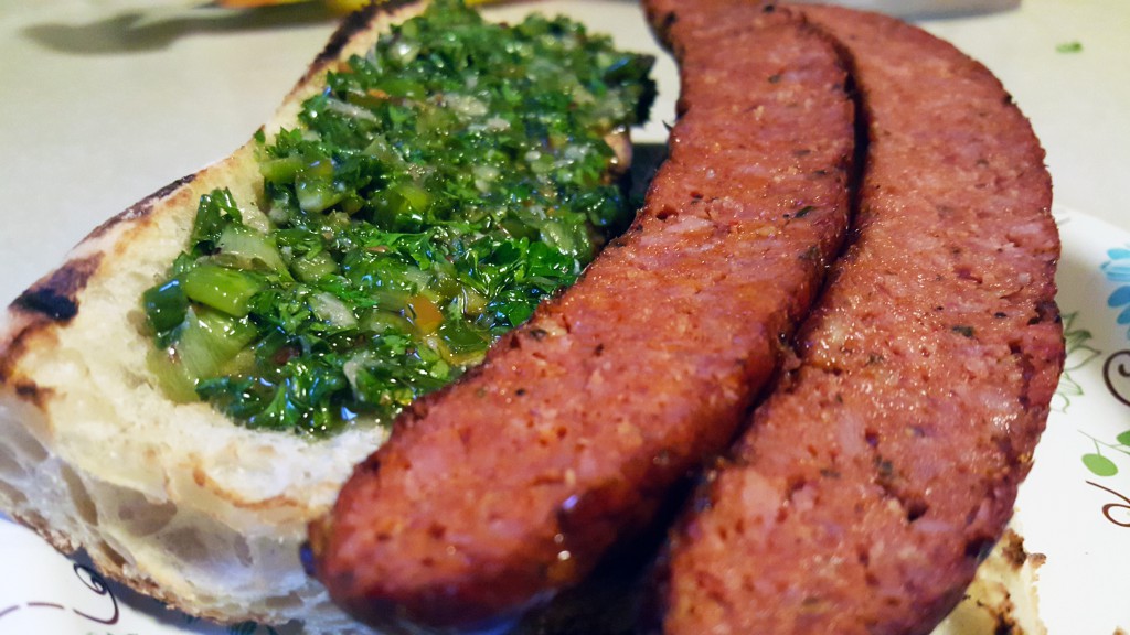 PQM Linguiça with chimichurri on baguette