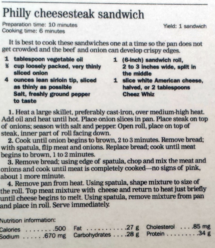 Philly cheesesteak recipe from Chicago Tribune article dated 10/25/1995