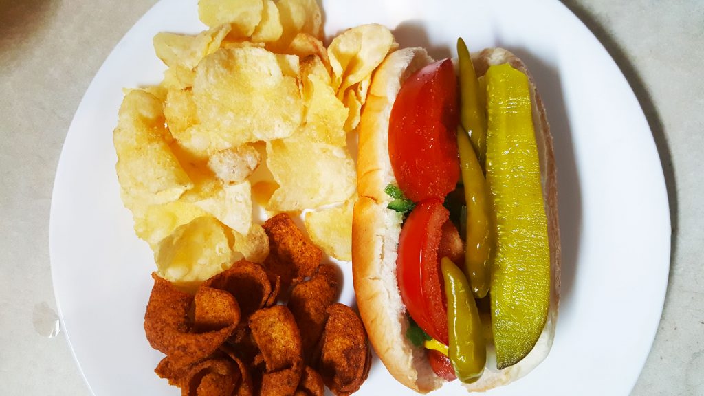 Chicago-style dog with chips
