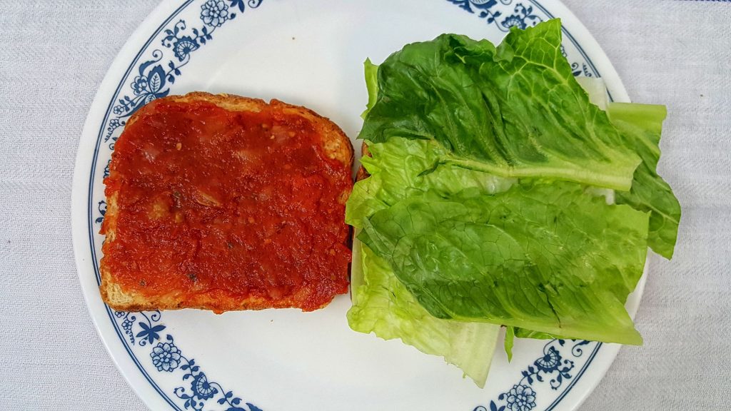 Romaine lettuce with tomato jam and bacon jam