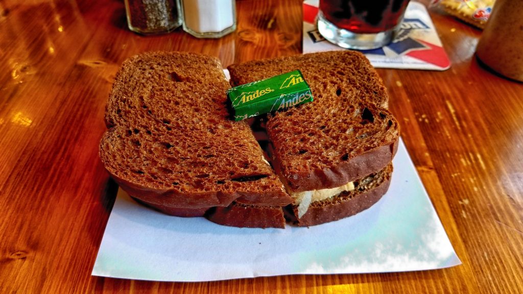 Limburger Sandwich at Baumgartner's, complete with Andes mint