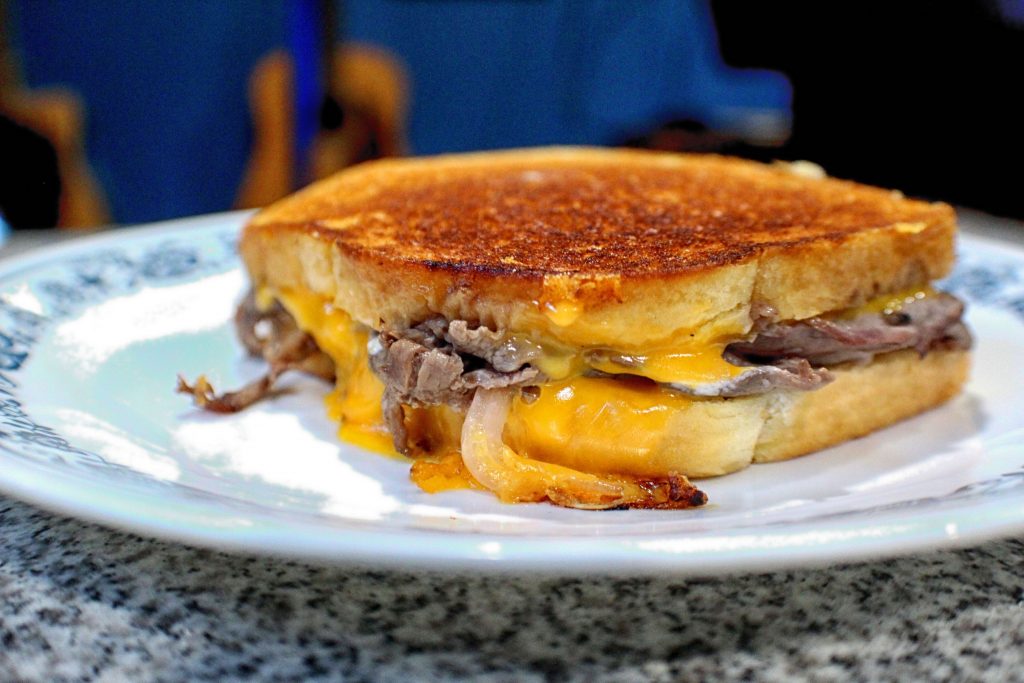 Roast beef melt with pickled onions and cheddar