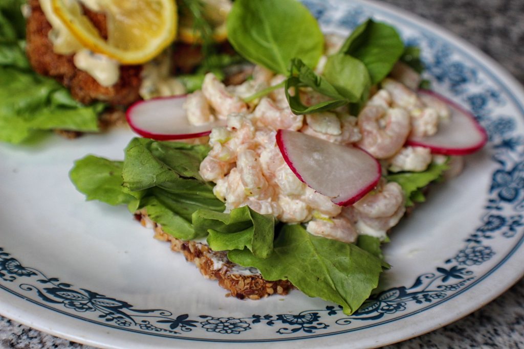 Tiny shrimp dressed in remoulade with lettuce, radish, cress